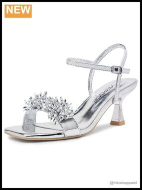 Rhinestone Kitten Heel Sandals Square Toe Ankle Strap Party Heels